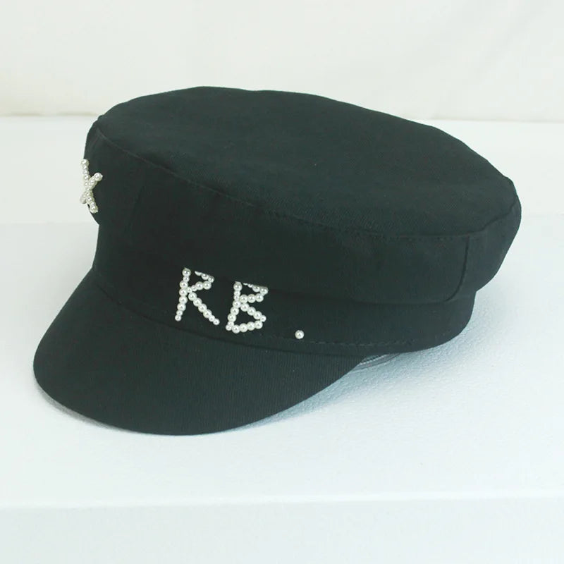 Luxury Women Pearls RB Letter Militray Hat Fashion Streetwear Navy Hat