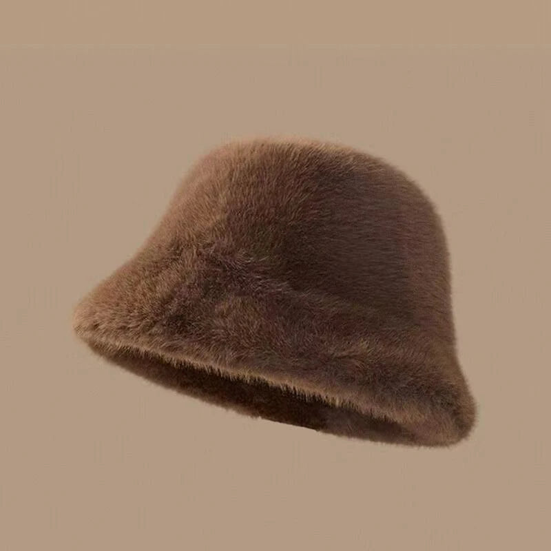 Winter Windproof Warm Women's Fashion Solid Color Plush Hat Bucket Cap Fluffy Fisherman's Hat