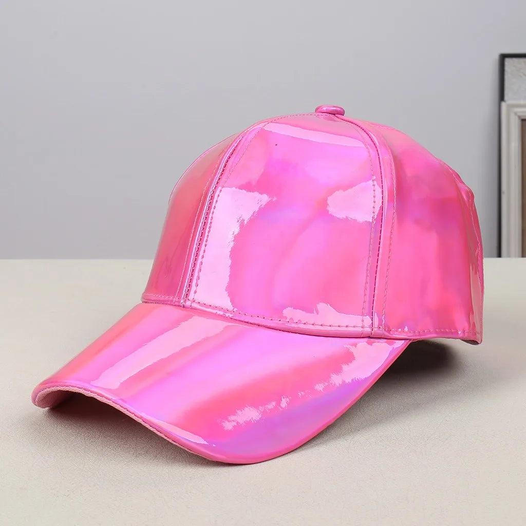 Adjustable Shiny Hat Breathable Holographic Pu Leather Baseball Cap