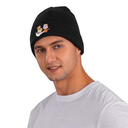 Cute Cartoon Friends Black Ribbed Knit Beanie Hat