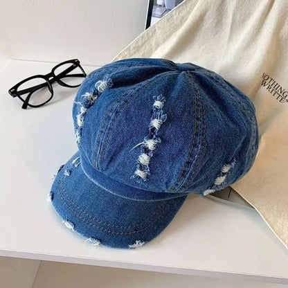 Retro Octagonal Cap Beret Women Washed Denim Newsboy Hat