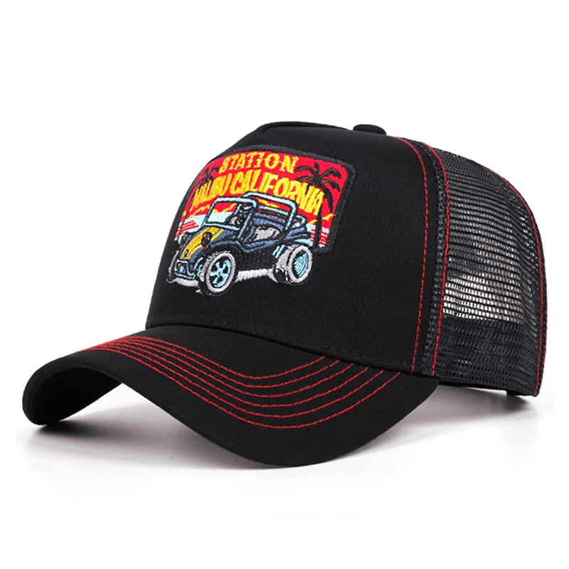 Creative Personalized Mesh Hat Coconut Tree Retro Convertible Car Embroidery Baseball Hat