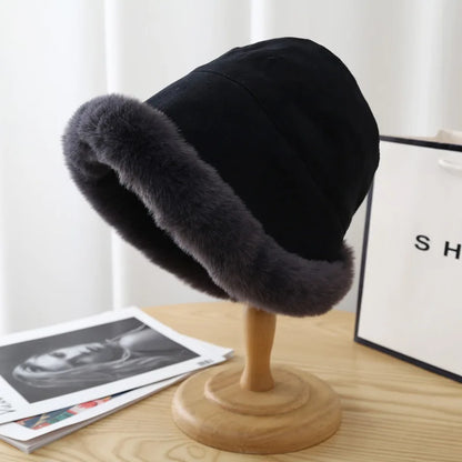 Fashion Fluffy Fur Bucket Hat For Women Winter Thick Warm Panama Fisherman Hat