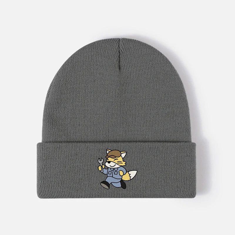 Cute Mechanic Fox Knit Beanie Hat Warm Cuffed Winter Skull Cap