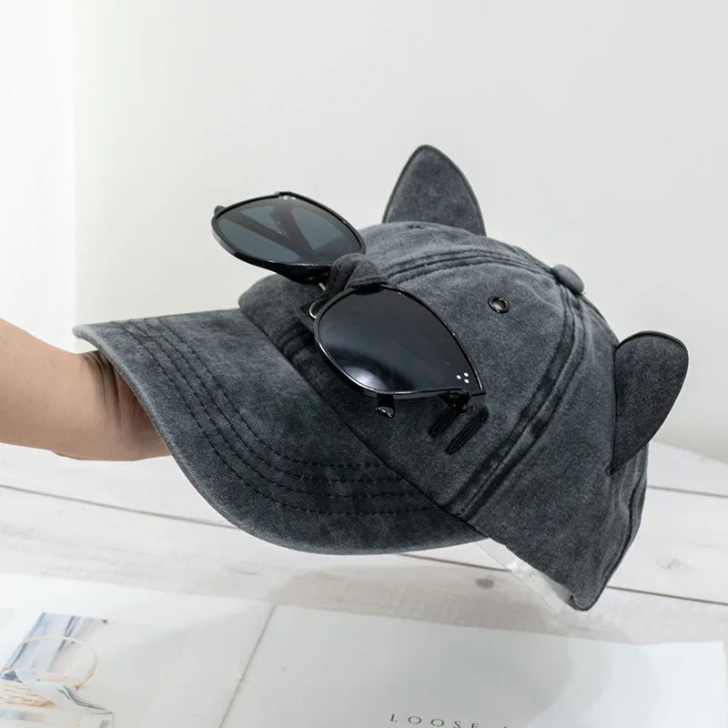 Cat Ears Sunglasses Baseball Cap Y2K Cotton Washed Women And Men
