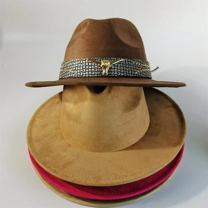 Retro Suede Fedora With Belt Men Western Jazz Hat Vegan Suede Top Hat