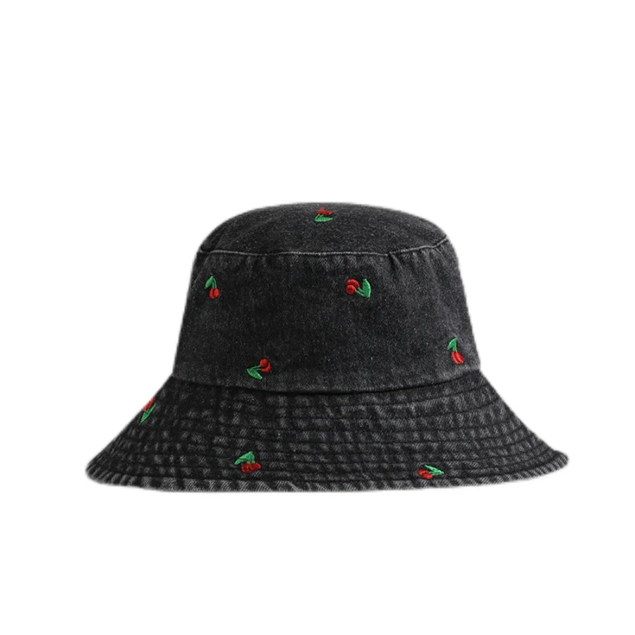 Spring Summer Strawberry Embroidery Denim  Bucket Hat