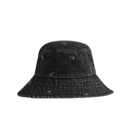 Spring Summer Strawberry Embroidery Denim  Bucket Hat