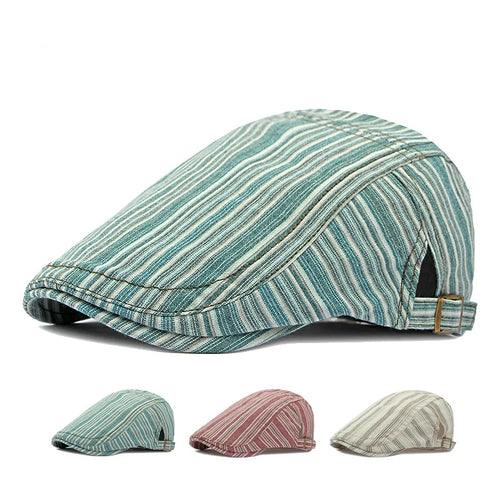Women Newsboy Cap Striped Flat Peaked Cap