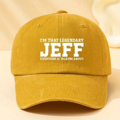 Jeff Letter Printed Washed Baseball Cap with  for Outdoor Vacation, Camping