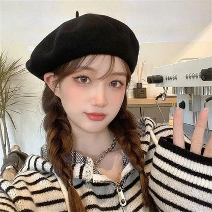 Multi-Color Wool Thick Berets Winter Autumn Artist French Retro Plain Painter Hat