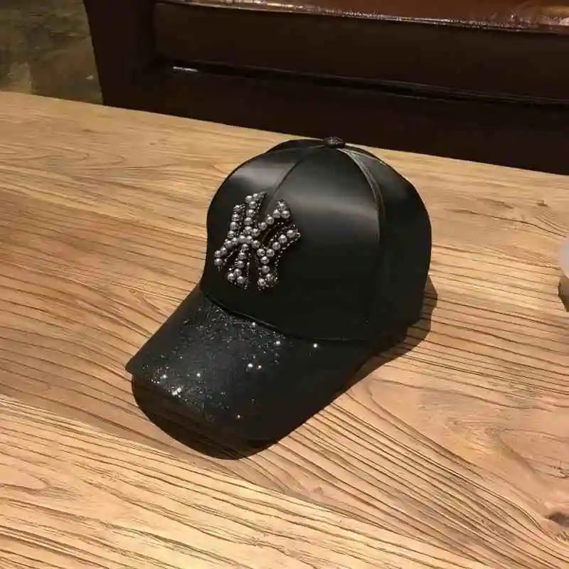 2026 New Luxury Y2K Glitter Baseball Cap – Pearl NY Logo Satin Snapback