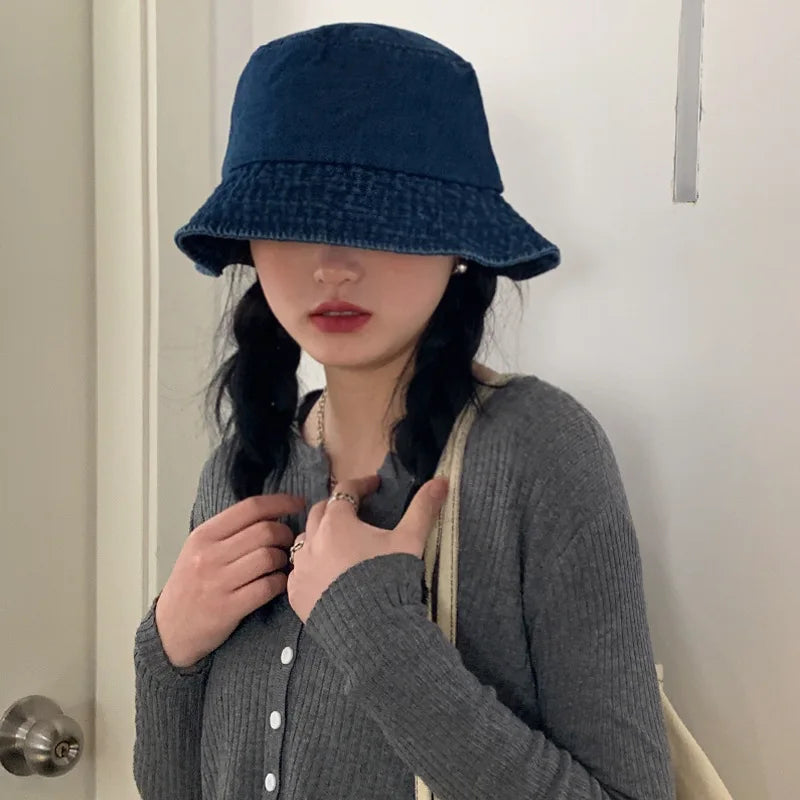 Washed Denim Bucket Hat Girls Lady Panama Sun Hat Bob Caps