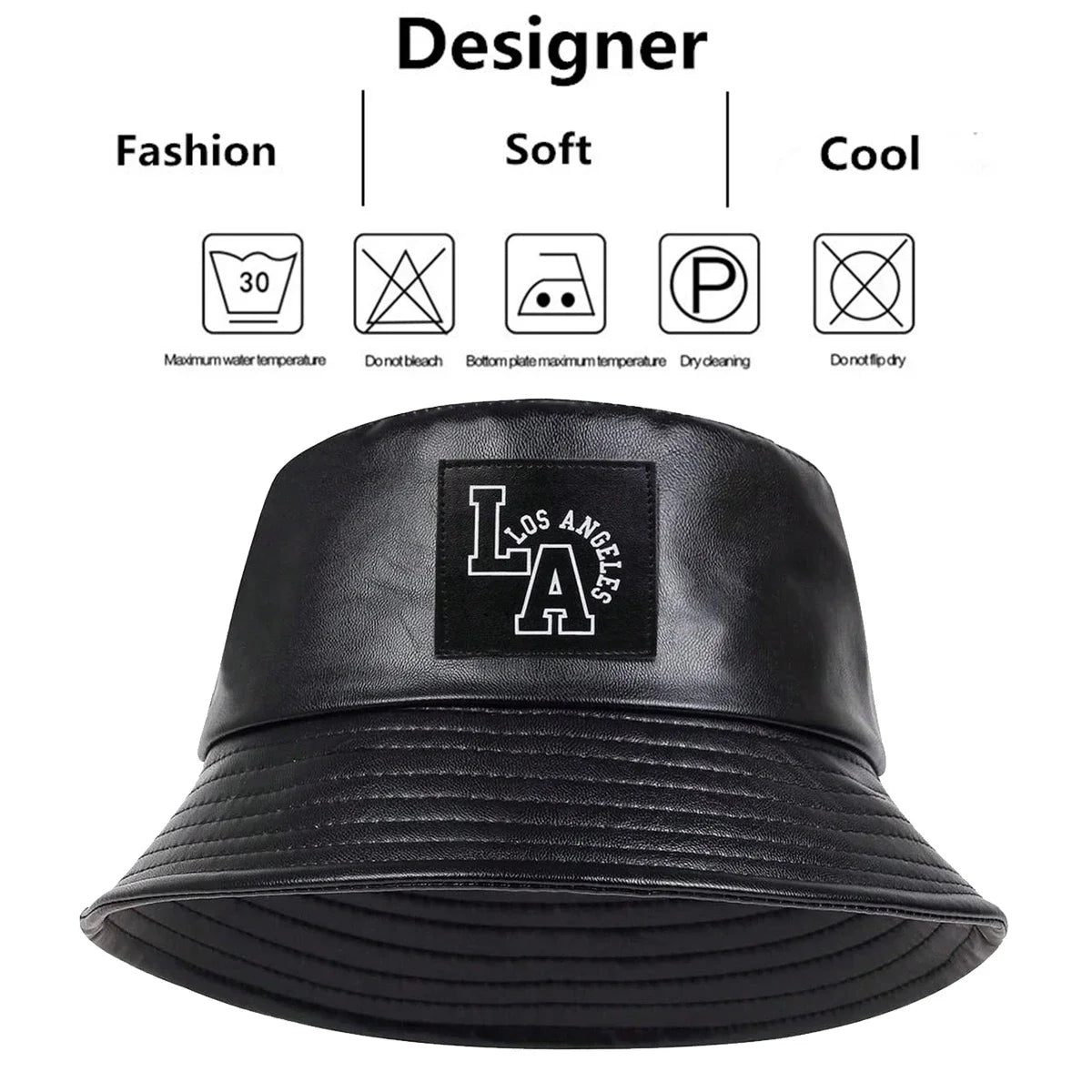 Unisex LA Letter Label Personality Pu Leather Bucket Hats Fishermen Caps
