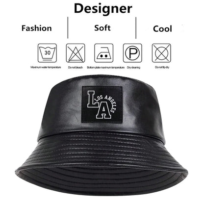 Unisex LA Letter Label Personality Pu Leather Bucket Hats Fishermen Caps