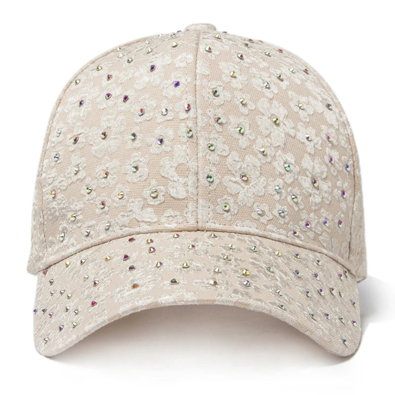 Summer Women Rhinestone Baseball Cap Flower Embroidery Hats