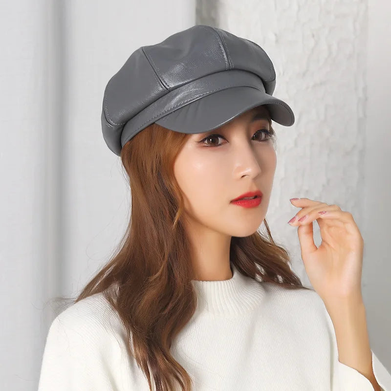 New Women PU Leather Berets Cap Hat