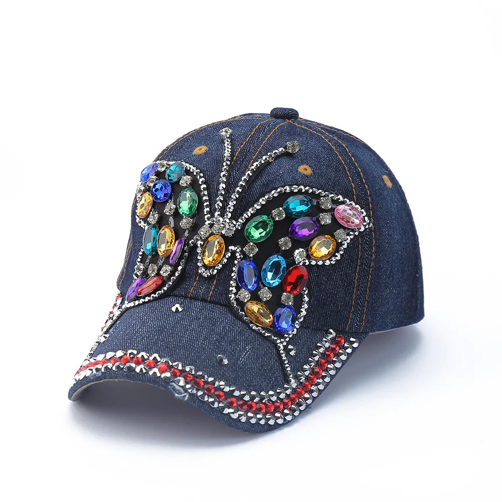 Baseball Cap Denim Distressed Rhinestone Bling Sparkle Hip Hop Hat