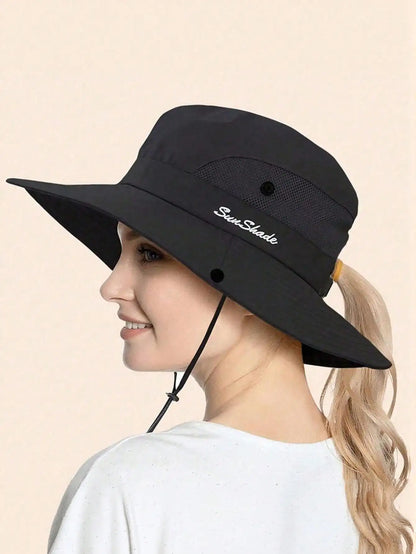 Women's Wide Brim Ponytail Sun Hat Sunshade Outdoor