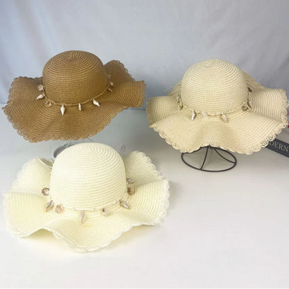 Women Summer Wide Brim Straw Hat Wave Edge Sun Protection