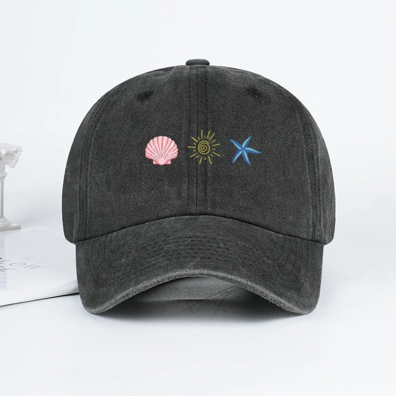 Washed Baseball Cap With Shell Sun Starfish Print Adjustable Curved Brim Hat Retro Beach Vibe Casual Wear