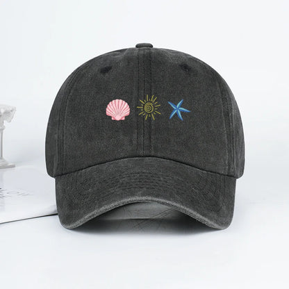 Washed Baseball Cap With Shell Sun Starfish Print Adjustable Curved Brim Hat Retro Beach Vibe Casual Wear