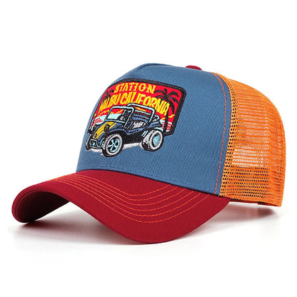 Creative Personalized Mesh Hat Coconut Tree Retro Convertible Car Embroidery Baseball Hat