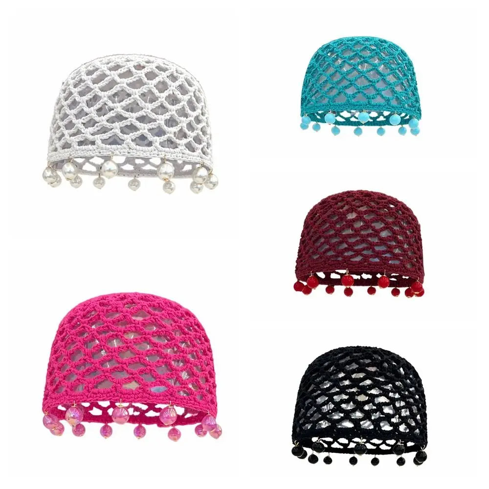 Fashion Round Beads Knitted Hat Crochet Pearl Fringed Woven For Women