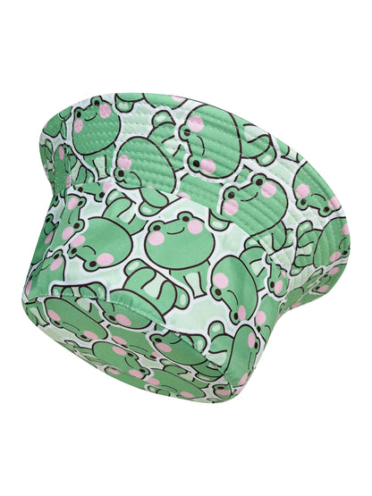 Cartoon Playful Frog Bucket Hat, Beach Sun Hat, Reversible, Foldable Stylish Bucket Hat