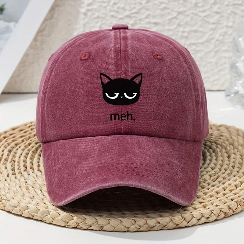 Cartoon Black Cat Print Vintage Washed Baseball Cap