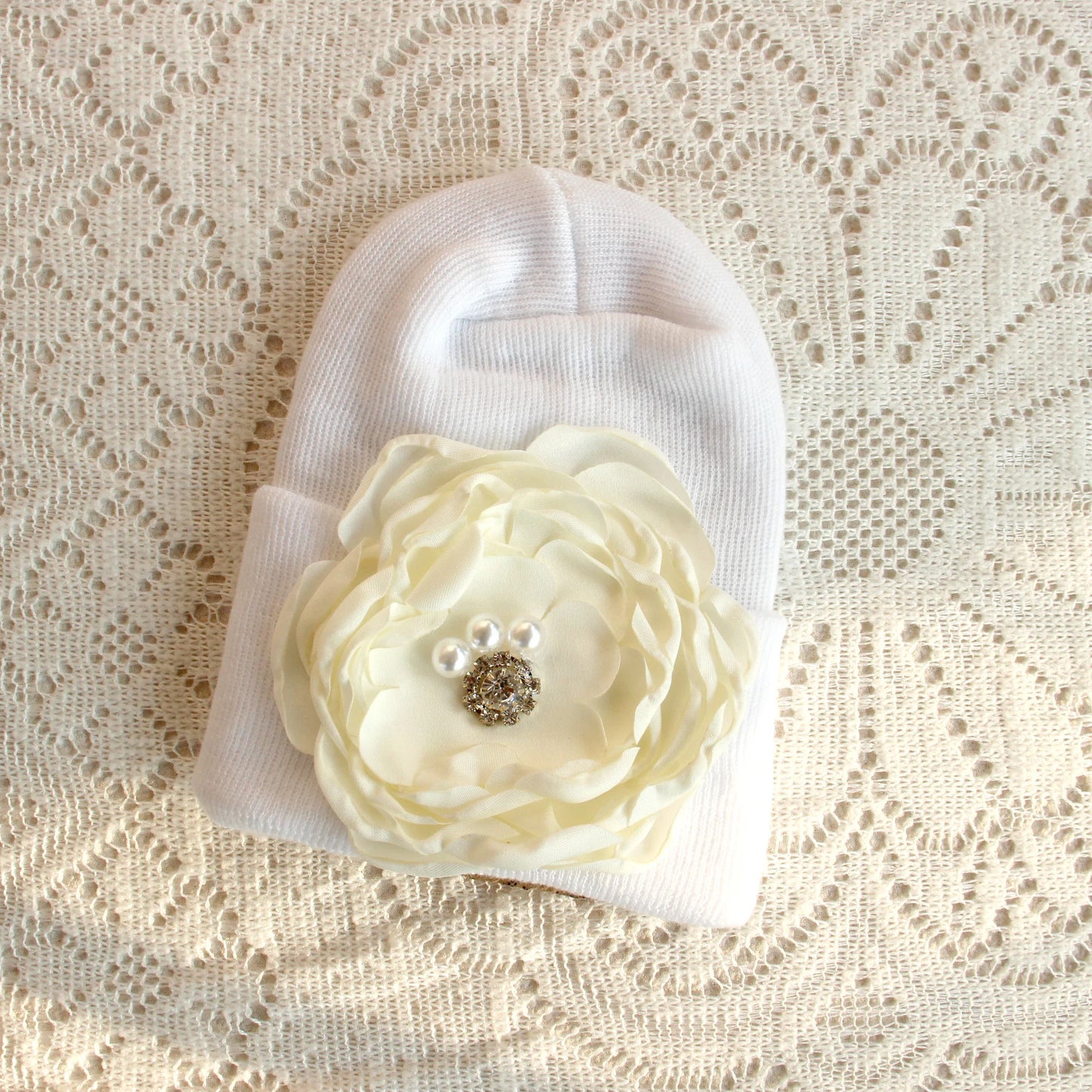 0-6 Months Newborn Knit Baby White Hat Baby Girl Knitted Bonnet Satin Diamond Flower Hat