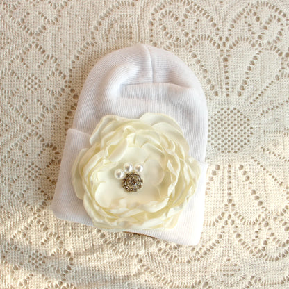 0-6 Months Newborn Knit Baby White Hat Baby Girl Knitted Bonnet Satin Diamond Flower Hat