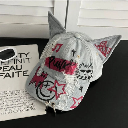 Japanese Graffiti Cat Ears Ripped Baseball Caps