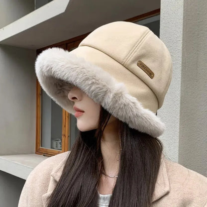 Fashion Fluffy Fur Bucket Hat For Women Winter Thick Warm Panama Fisherman Hat