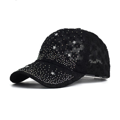 Shiny Rhinestone Lace Flower Baseball Cap
