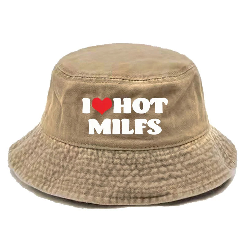I Hot Love Milfs Bucket Hat Distressed Hats Cap Washed Men Retro