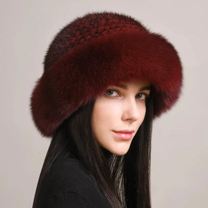 New Genuine Real Natural Knitted Mink Fur Hat Cap Real Fox Fur Beanies
