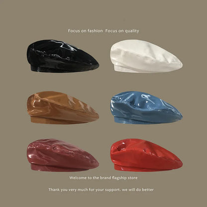 Lady Mirror Pu Leather Painter Caps Casual Hat