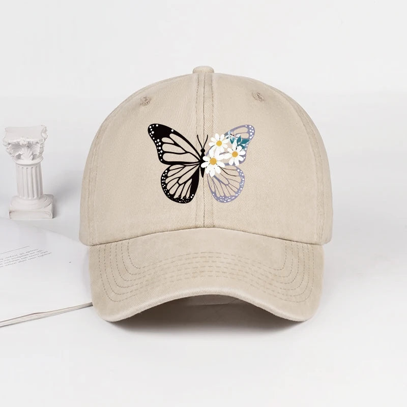Butterfly and Daisy Print Washed Baseball Cap