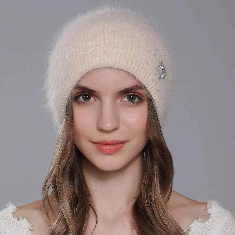 Women Winter Warm Fashion With Diamond Flower Beanies Knitted Angora Long Rabbit Fur Hats