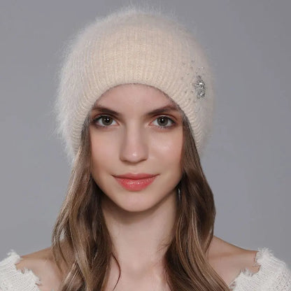 Women Winter Warm Fashion With Diamond Flower Beanies Knitted Angora Long Rabbit Fur Hats