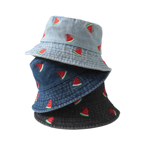 New Summer Denim Bucket Hat For Women Embroidery Watermelon Cherry Strawberry