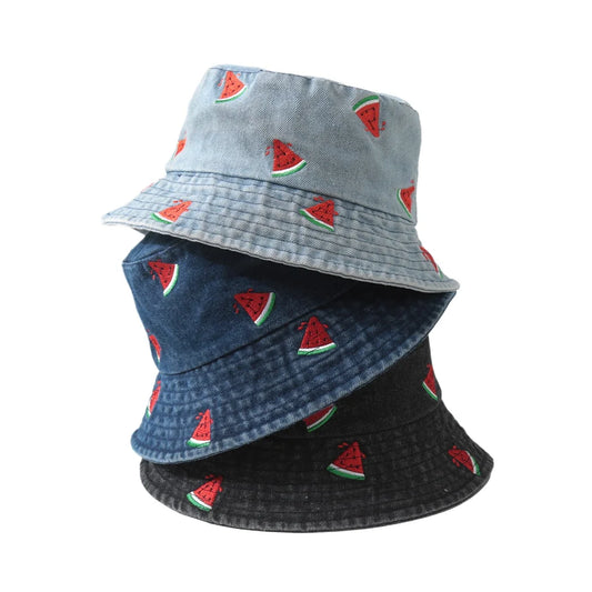 New Summer Denim Bucket Hat For Women Embroidery Watermelon Cherry Strawberry