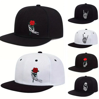 Unisex Skeleton Finger Rose Embroidery Hip-Hop Hats