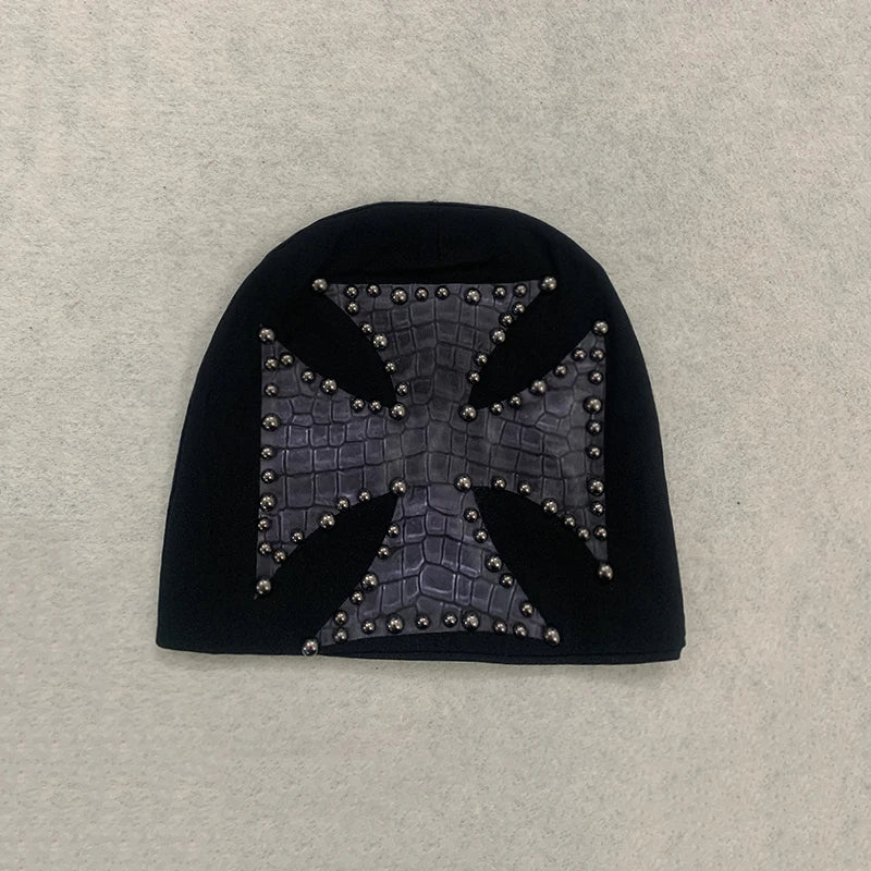 Y2K Punk Croc-Embossed Cross Studded Knit Beanie