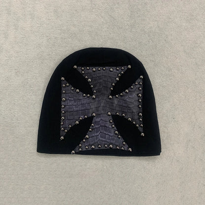 Y2K Punk Croc-Embossed Cross Studded Knit Beanie