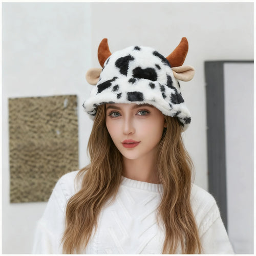 Women's Cow Print Horn Fisherman Hat