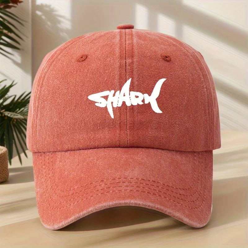 Men's Shark Patterned Baseball Cap with Washed Retro Design