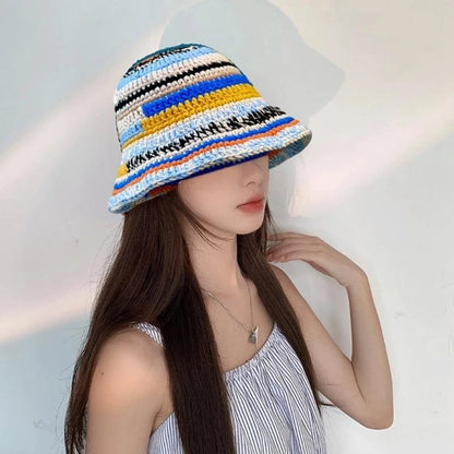 Ladies Crochet Stripe Pattern Fisherman Hat Wide Brim Bucket Hat