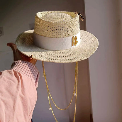 Chain Summer Straw Hat Pork Pie Hat